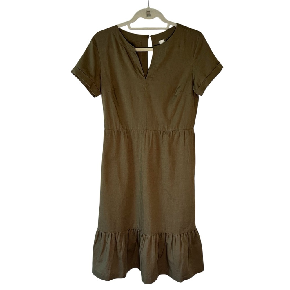 Pact Canopy Linen Blend Tiered Midi Dress Khaki Green Notch Neck XS NWOT - Picture 6 of 15